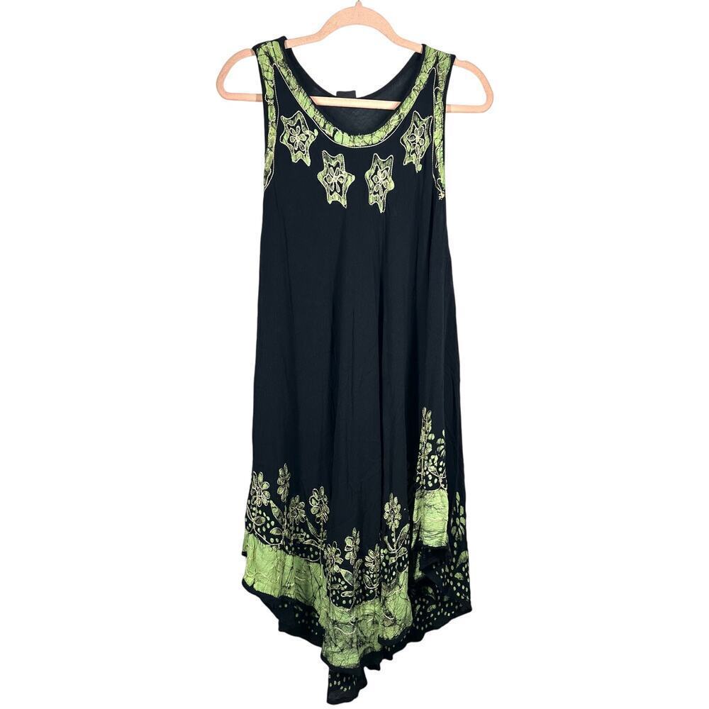 S.R. FASHION Black Green Hand Painted Embroidered Gauzey Boho Dress Artsy